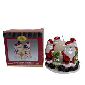 Hand Painted Porcelain Santa Tealight Candle Holder Christmas Decor w Box